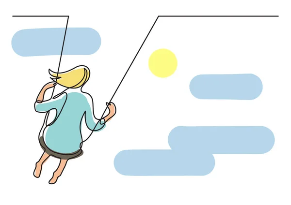 Dessin Ligne Continue Jeune Fille Balançant Sur Swing — Image vectorielle