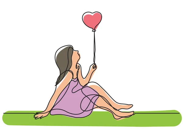 Dessin Ligne Continue Fille Avec Ballon Coeur — Image vectorielle