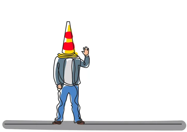 Continuous line drawing of business concept - man with cone on his head — Stock Vector