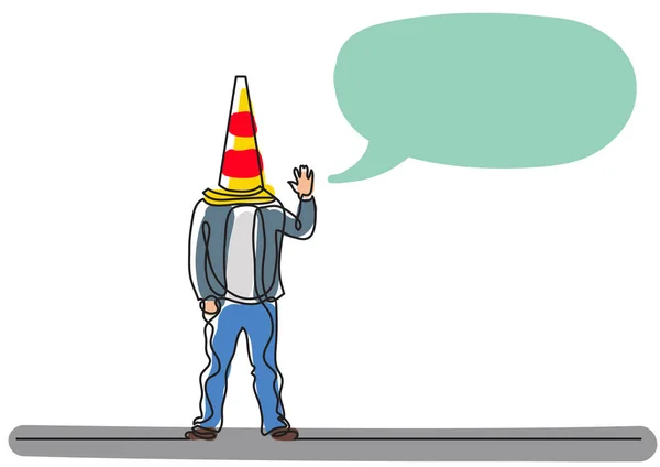 Dessin en ligne continu du concept d'entreprise - homme avec un cône sur la tête — Image vectorielle