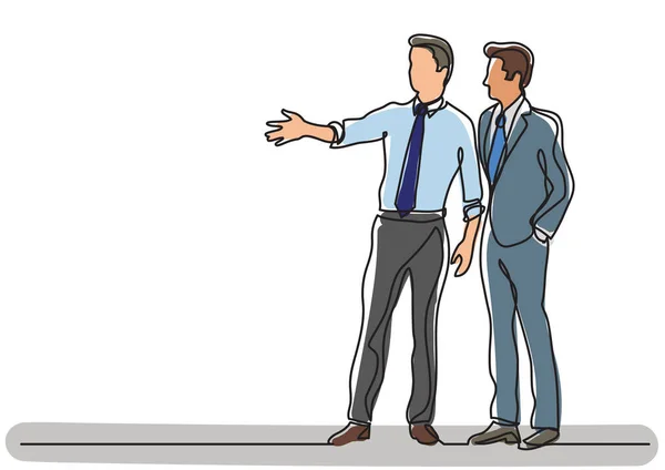 Tracé continu de la situation de l'entreprise - deux hommes d'affaires discutant des plans — Image vectorielle