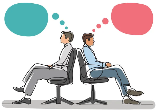 Continuous line drawing of business situation - two conflicting businessmen sitting — Stock Vector