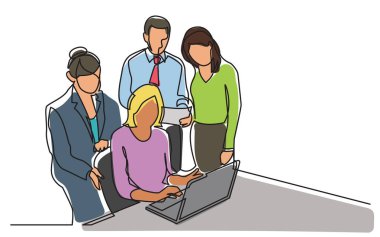Ofis çalışanları tartışma dizüstü bilgisayar ile sürekli çizgi çizme