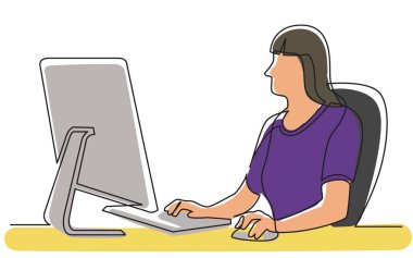 office kadın işçi oturma çalışma sürekli çizgi çizme 