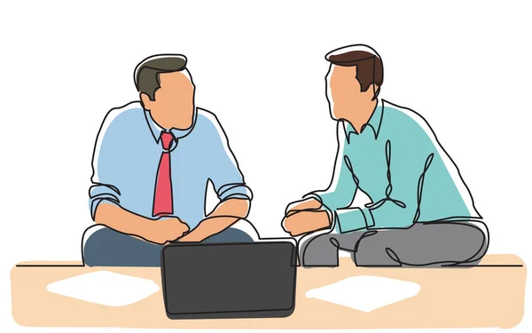 Συνεχή γραμμικό σχέδιο των δύο επιχειρηματιών καθισμένος και να μιλήσει — Διανυσματικό Αρχείο