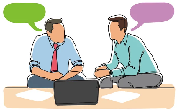 Dessin en ligne continue de deux hommes d'affaires assis et parlant — Image vectorielle