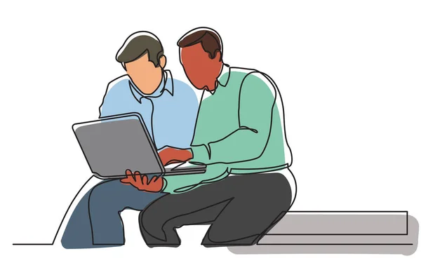 Lapto の仕事を議論する 2 つの男性の連続線の描画 — ストックベクタ