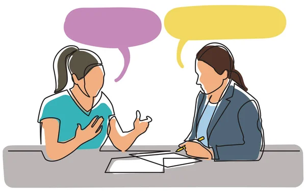 Continuous line drawing of two women discussing signing paperwor — Stock Vector