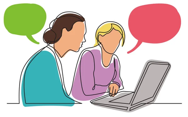 Continu lijntekening van twee vrouwen zitten en kijken naar laptop — Stockvector