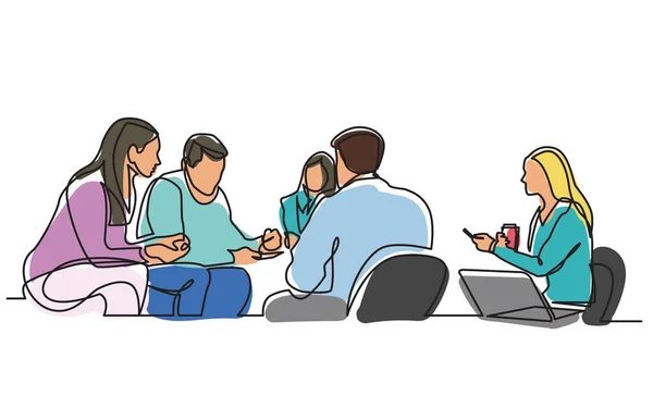 Continuous line drawing of work team having meeting — Stock Vector