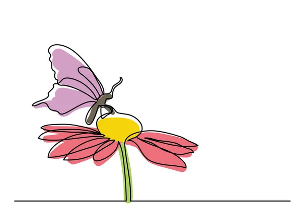Jeden řádek výkres motýl a květiny — Stockový vektor