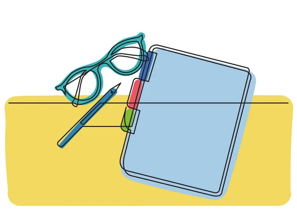 Dibujo continuo de la línea de gafas bloc de notas y lápiz — Vector de stock