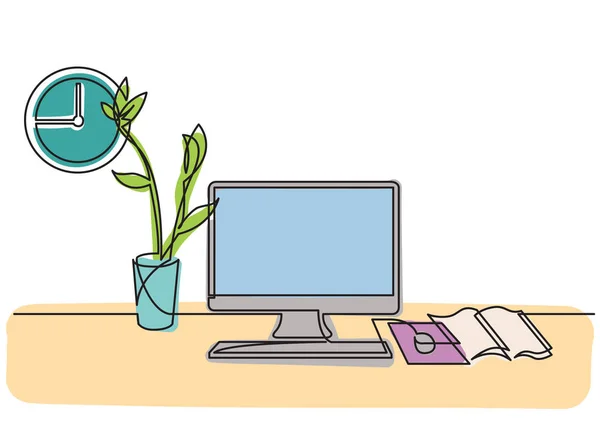Disegno a linea continua della scrivania con computer e fiore — Vettoriale Stock