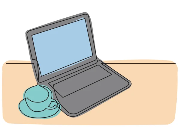 Disegno di linea continuo di computer portatile tazza di tè — Vettoriale Stock