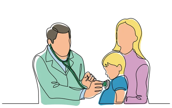 Dibujo continuo de la línea vectorial del médico que examina paciente infantil — Vector de stock