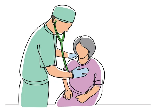 Dibujo de línea continua del médico examinando paciente femenino — Archivo Imágenes Vectoriales
