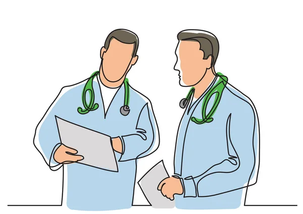 Desenho de linha contínua de médicos discutindo diagnóstico — Vetor de Stock