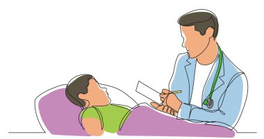 bir satır vektör çocuk hasta notlar inceleyerek hastane adam doktor çizim