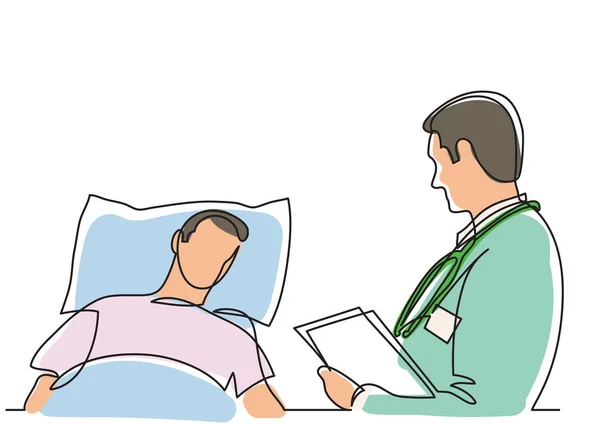 Dibujo de línea continua del médico hablando con el paciente — Vector de stock