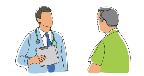Jedna linia wektor rysunek szpitala lekarz konsultacji pacjent płci męskiej — Wektor stockowy