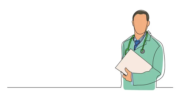 Eine Linienvektorzeichnung des Krankenhausarztes im Stehen mit Patientenpapieren — Stockvektor