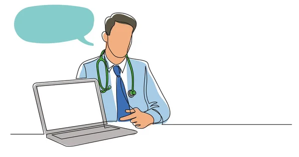 Disegno vettoriale di una linea del medico ospedaliero seduto che indica lo schermo del computer portatile — Vettoriale Stock