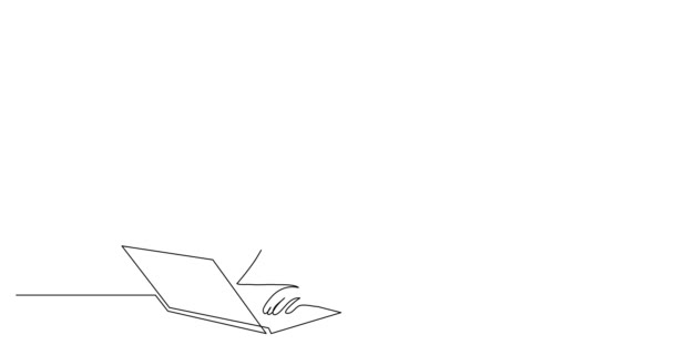 Auto dibujo animación de la línea de gerente ayudando a empleado apuntando a la computadora portátil — Vídeos de Stock
