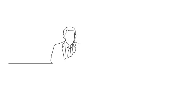 Auto desenho animação linha de gerente ajudando empregado apontando para computador portátil — Vídeo de Stock
