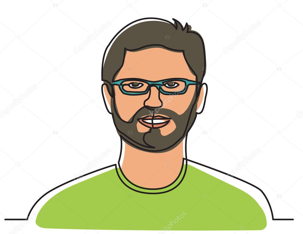 continuous line drawing of guy in glasses on white background