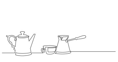 vintage pot fincan ve kahve jezva sürekli çizgi çizim