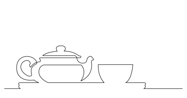 Continuous line drawing of asian style tea pot and cup — Stock Vector