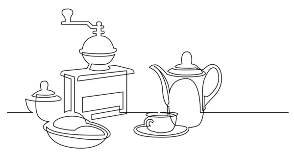 Kontinuierliche Linienzeichnung der Kaffeemühle Glas Frühstück und Tasse Kaffee — Stockvektor