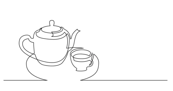 Dibujo en línea continua de la taza de té y tetera — Archivo Imágenes Vectoriales