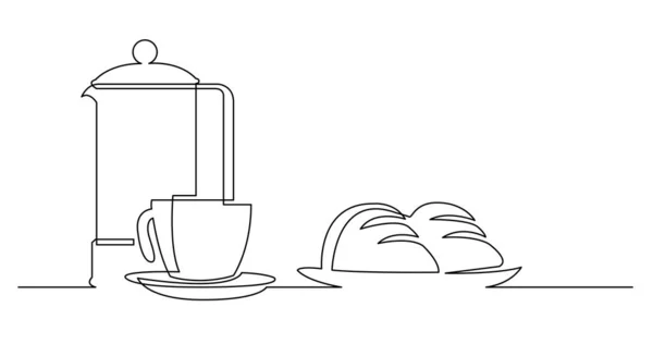 Desenho de linha contínua de xícara de imprensa francesa de café e croissants — Vetor de Stock