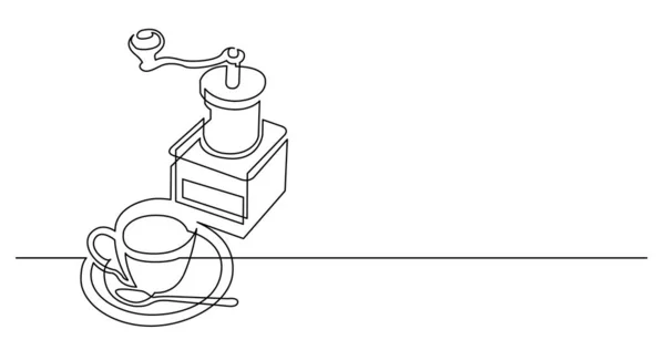 Dibujo de línea continua de molinillo de café manual y taza de café — Vector de stock