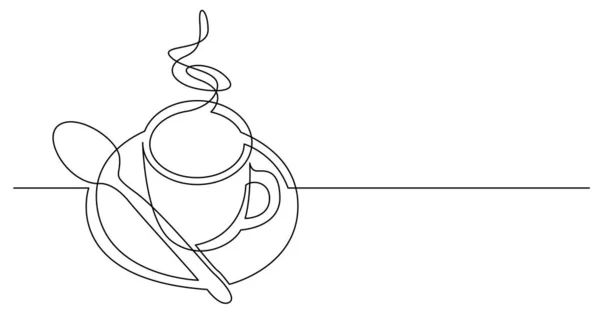 Doorlopende lijntekening van hete koffie kop en schotel — Stockvector