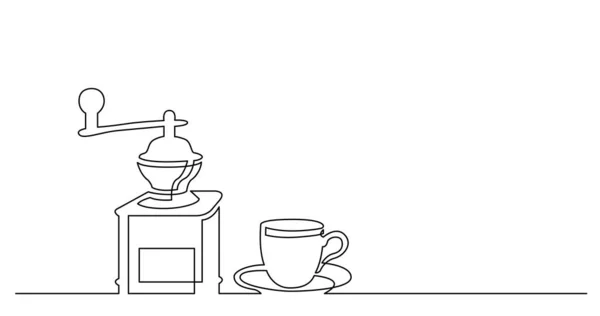 Kontinuierliche Linienzeichnung von Kaffeemühle im Vintage-Stil und Tasse Kaffee — Stockvektor