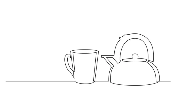 お茶とやかんのマグカップの連続線画 — ストックベクタ
