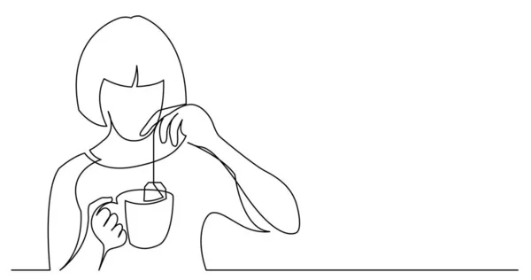 Безперервний малюнок молодої жінки, що робить чайний мішок і кухоль — стоковий вектор