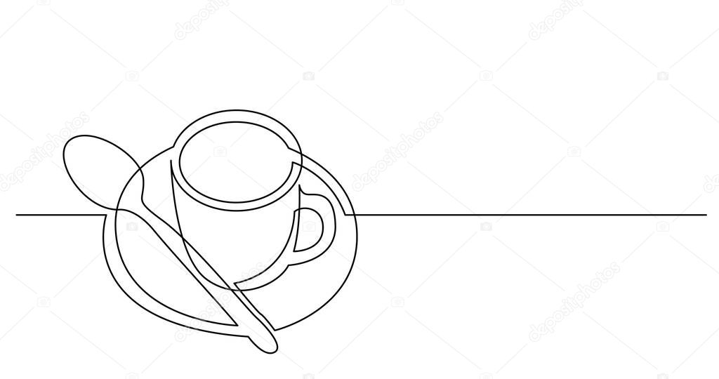 continuous line drawing of cup of coffee with spoon and saucer
