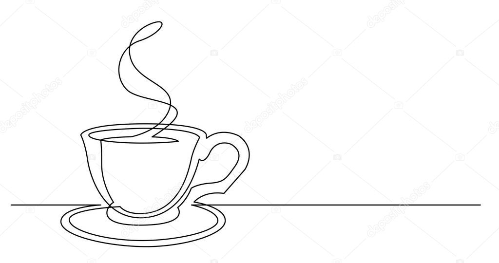 continuous line drawing of hot coffee cup and saucer