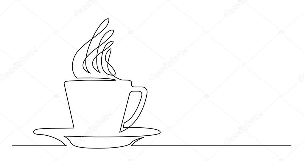 continuous line drawing of hot coffee cup and saucer