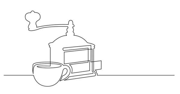 テーブルの上のコーヒー粉砕機およびカップの連続線画 — ストックベクタ