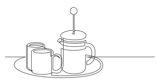 Desenho de linha contínua de café imprensa francesa e par de canecas de café — Vetor de Stock