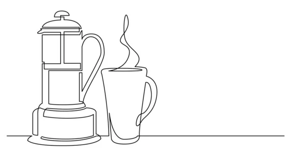 Непрерывное рисование линии большого французского пресса и чашки чая — стоковый вектор