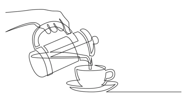 Fincan kahve döken fransız basın tutan el sürekli çizgi çizim — Stok Vektör
