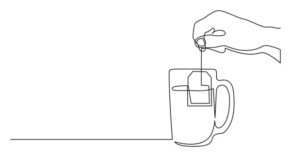 Dessin en ligne continue de la main tenant le sac de thé au-dessus de tasse — Image vectorielle