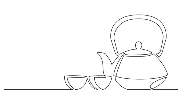 Desenho de linha contínua de panela de chá de estilo oriental com copos — Vetor de Stock