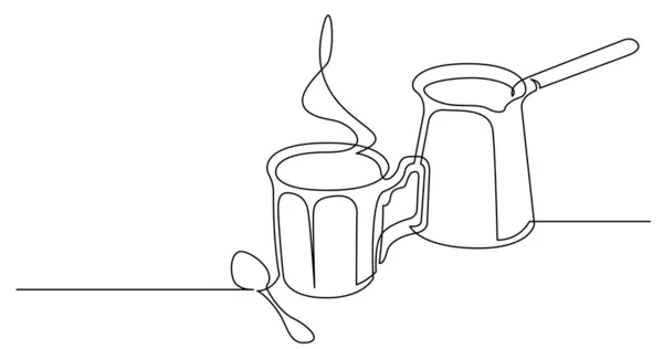 Непрерывный чертеж чашки горячего кофе и традиционной турецкой jezva — стоковый вектор