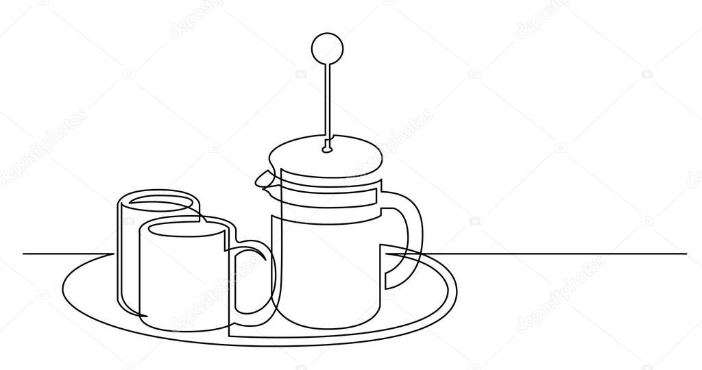 continuous line drawing of coffee french press and couple of coffee mugs